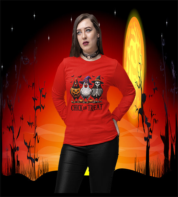 Woman wearing Red Chick or Treat Halloween shirt with chickens dressed as pumpkin, witch, and skeleton