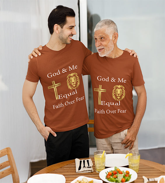Two models wearing a Chestnut unisex God & Me Equal – Faith Over Fear t-shirt, featuring a golden cross, lion, and bold Christian message, perfect for believers and faith-based fashion.