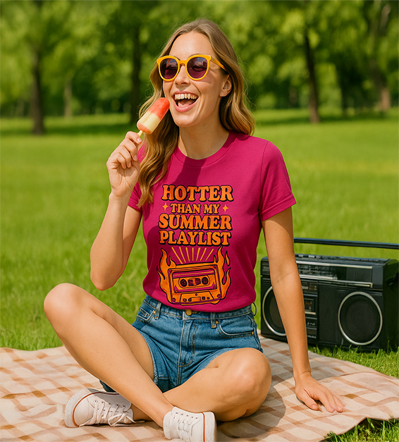 Woman wearing a berry t-shirt with 'Hotter Than My Summer Playlist' design, eating a popsicle in a park.