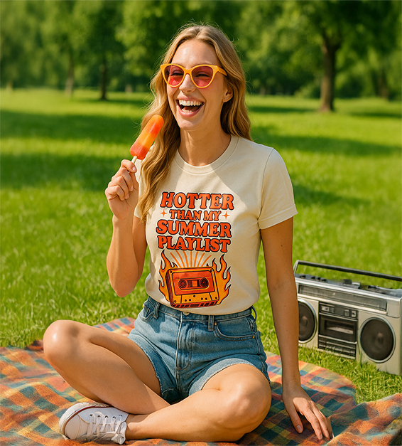 Woman sitting on a blanket in a park, wearing a natural t-shirt with 'Hotter Than My Summer Playlist' design, holding a popsicle.