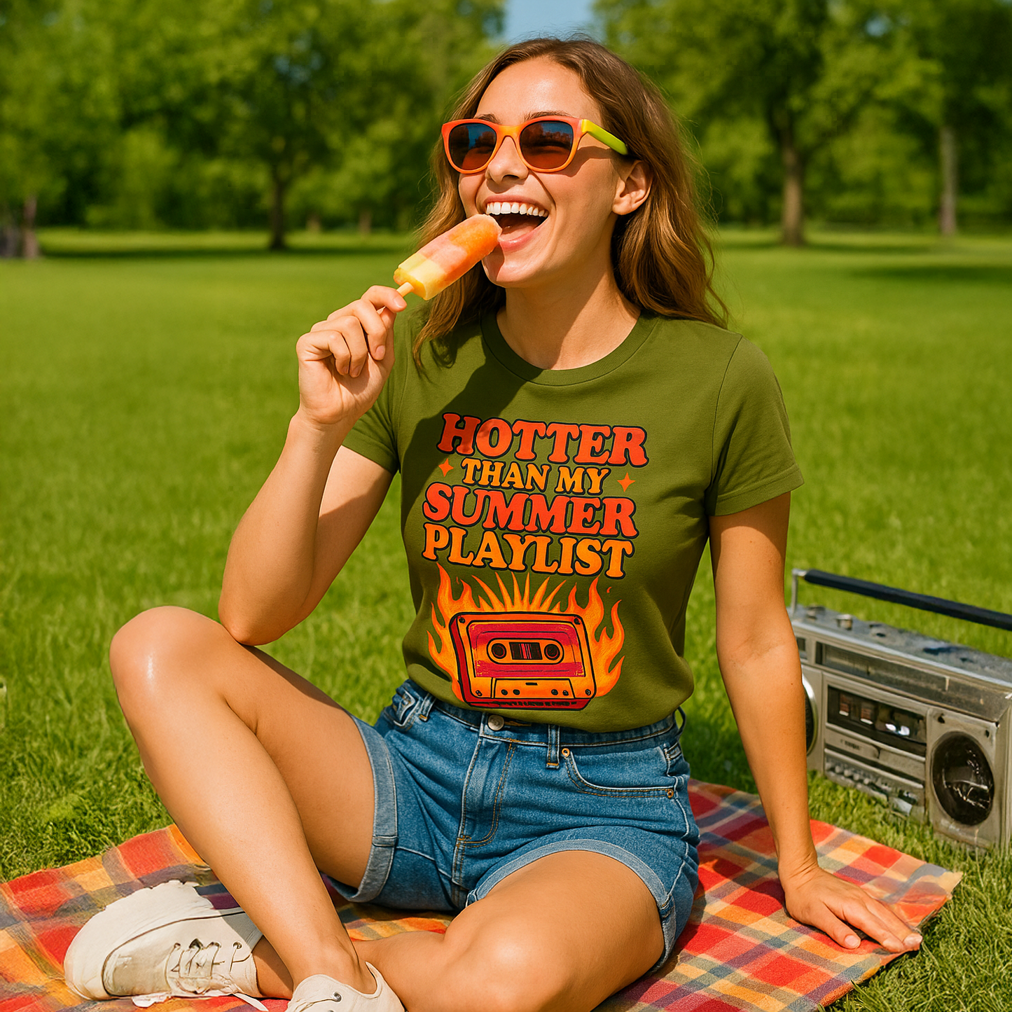 Woman wearing a olivek t-shirt with 'Hotter Than My Summer Playlist' design, eating a popsicle in a park.