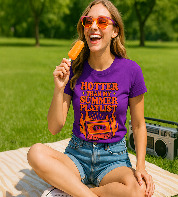 Woman wearing a team purple t-shirt with 'Hotter Than My Summer Playlist' design, holding an ice cream, sitting on a blanket outdoors.