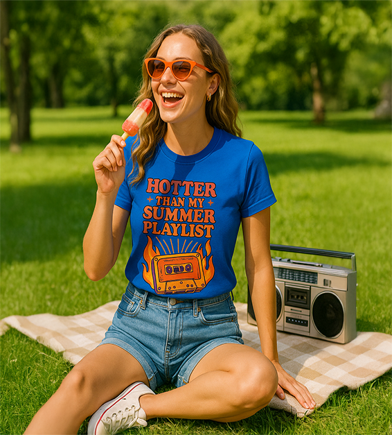 Woman wearing a black t-shirt with 'Hotter Than My Summer Playlist' design, eating a popsicle in a park.