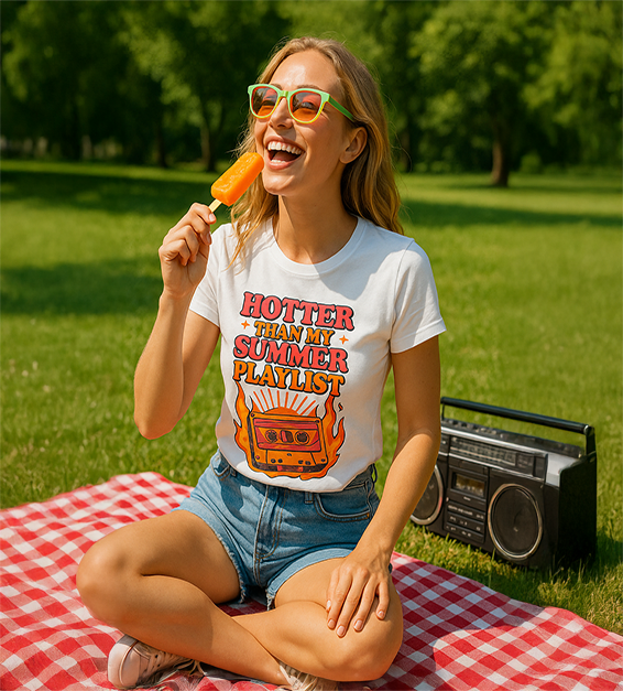 Woman wearing a white t-shirt with 'Hotter Than My Summer Playlist' design, eating a popsicle in a park.