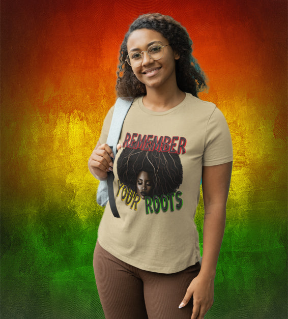 Soft Cream color t-shirt with ‘Remember Your Root’ text in bold font, symbolizing heritage and cultural pride."