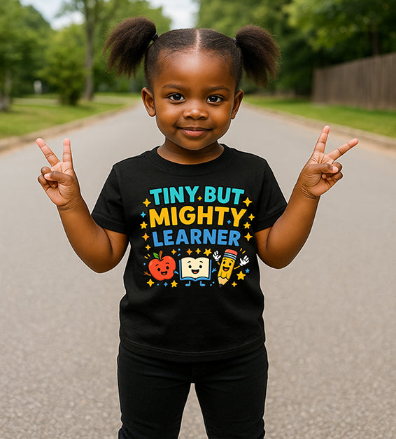 Tiny But Mighty Learner Kids Back-to-School Graphic T-Shirt – Preschool & Kindergarten Outfit