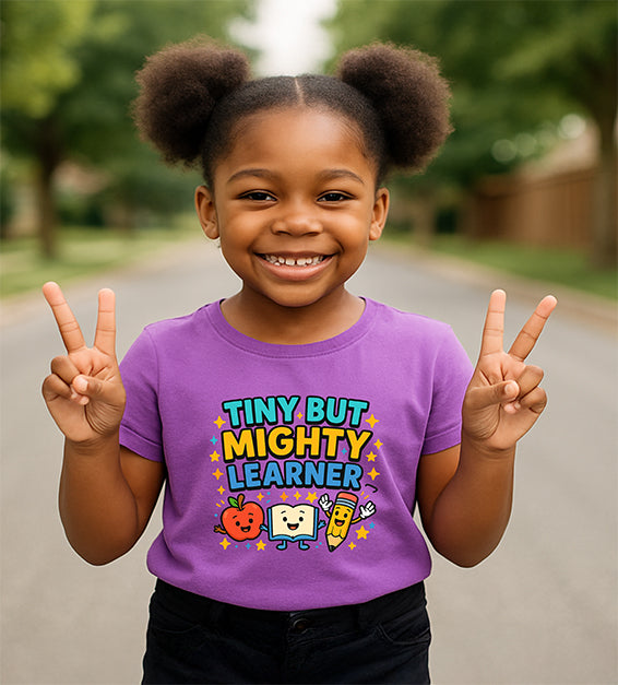 Tiny But Mighty Learner Kids Back-to-School Graphic T-Shirt – Preschool & Kindergarten Outfit