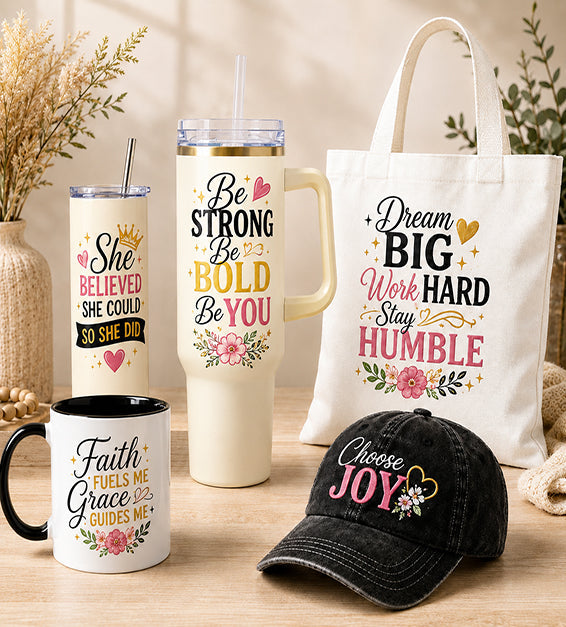 Graphic accessories including a mug, tumbler, tote bag and black cap