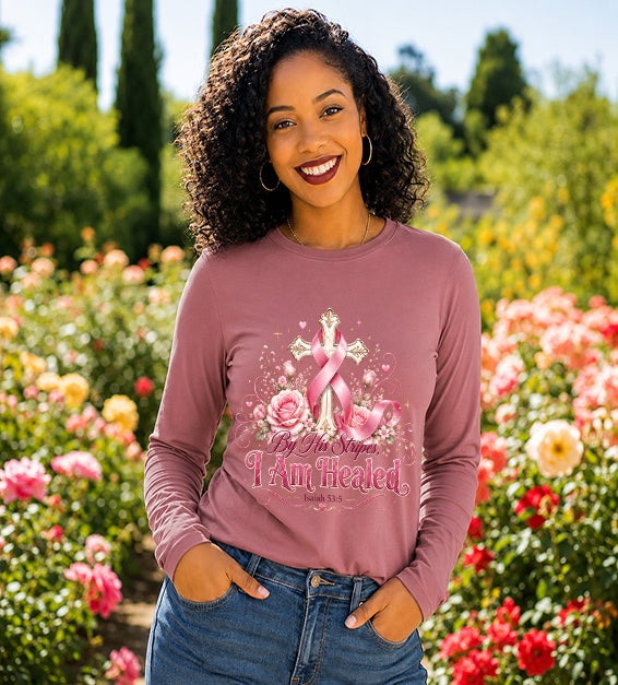 By His Stripes I Am Healed Pink Ribbon Faith Isaiah 53:5 Christian Tee
