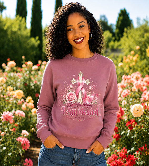 By His Stripes I Am Healed Pink Ribbon Faith Isaiah 53:5 Christian Tee