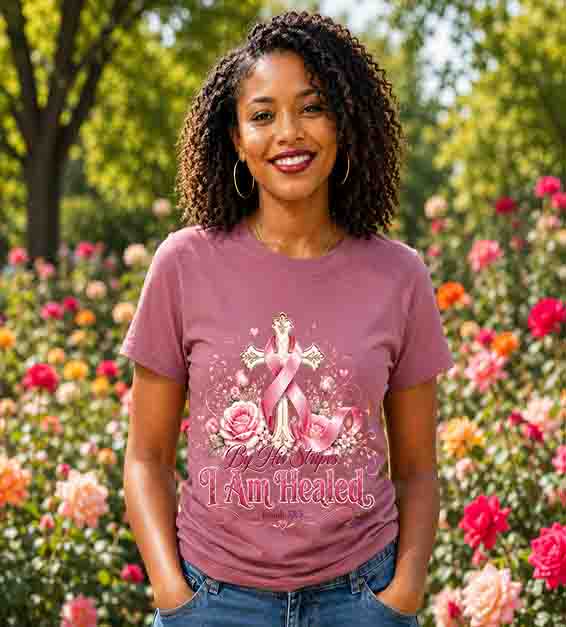 By His Stripes I Am Healed Pink Ribbon Faith Isaiah 53:5 Christian Tee