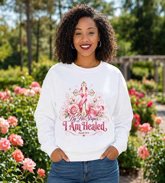 By His Stripes I Am Healed Pink Ribbon Faith Isaiah 53:5 Christian Tee