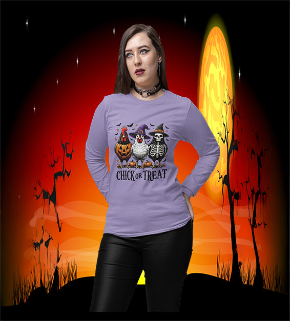Woman wearing Dark Lavendar Chick or Treat Halloween shirt with chickens dressed as pumpkin, witch, and skeleton