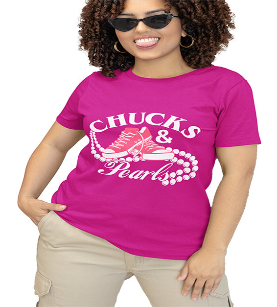 Sneakers & Pearls graphic T-shirt featuring high-top sneakers and pearl strand design