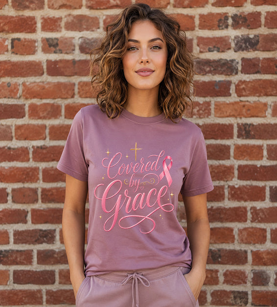 Woman wearing a mauve Bella + Canvas 3001 t-shirt featuring the "Covered by Grace" pink ribbon Christian graphic with an elegant gold cross standing in front of a red brick wall.