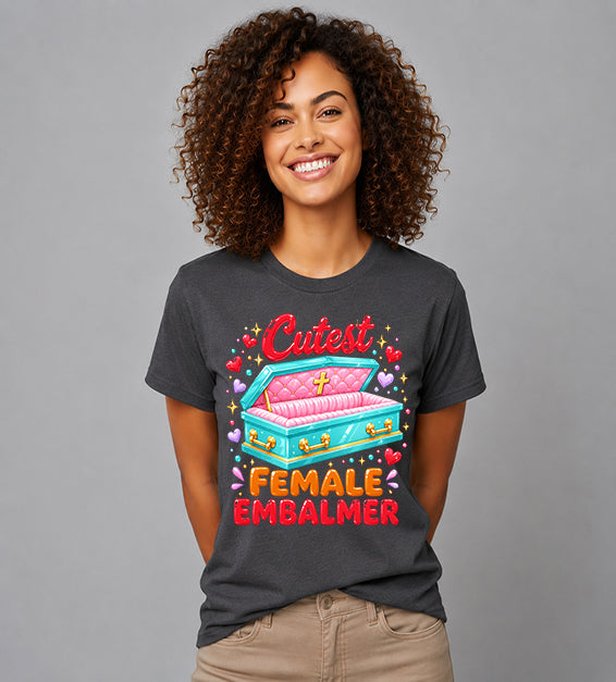 woman wearing dark greyt shirt featuring colorful cutest female embalmer graphic with decorative casket design