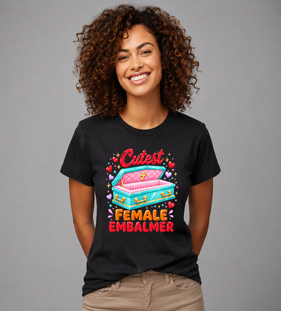 woman wearing black t shirt featuring colorful cutest female embalmer graphic with decorative casket design