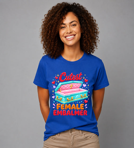 woman wearing royal blue t shirt featuring colorful cutest female embalmer graphic with decorative casket design
