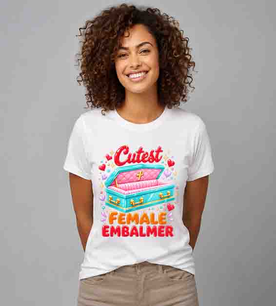 woman wearing white t shirt featuring colorful cutest female embalmer graphic with decorative casket design