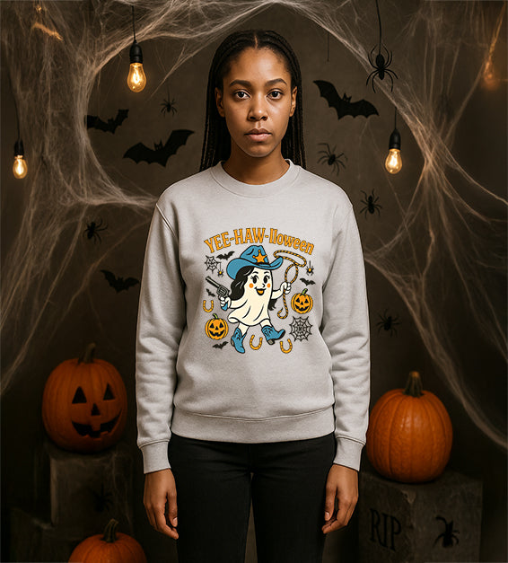 YEE-HAW-lloween Ghost Sweatshirt – Funny Cowgirl Ghost Halloween Pullover