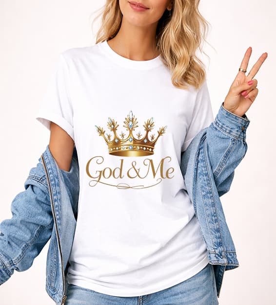 Young woman wearing white God and Me crown graphic t-shirt with gold design, faith-based Christian apparel