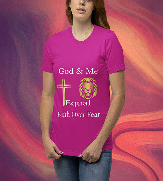 One model wearing a Berry unisex God & Me Equal – Faith Over Fear t-shirt, featuring a golden cross, lion, and bold Christian message, perfect for believers and faith-based fashion.