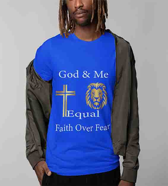 One model wearing a True Royal unisex God & Me Equal – Faith Over Fear t-shirt, featuring a golden cross, lion, and bold Christian message, perfect for believers and faith-based fashion.