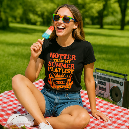 Woman wearing a black t-shirt with 'Hotter Than My Summer Playlist' design, eating a popsicle in a park.