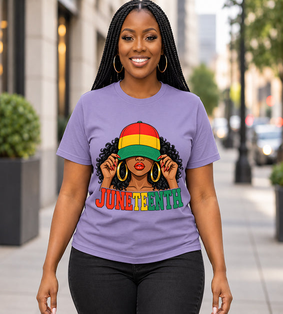 Dark Lavender Juneteenth graphic T-shirt featuring illustrated woman in red, yellow and green cap worn by female