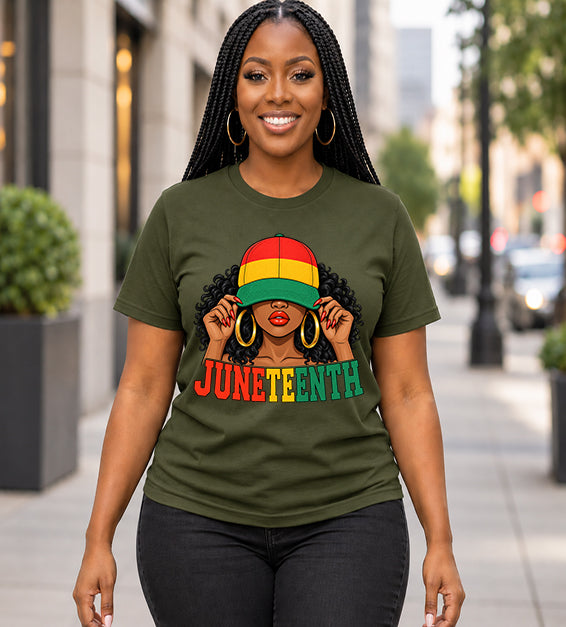 Olive Juneteenth graphic T-shirt featuring illustrated woman in red, yellow and green cap worn by female