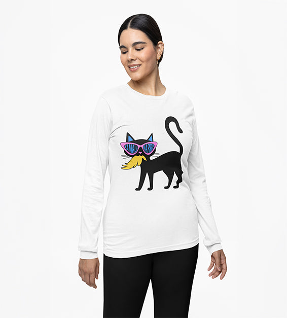 White shirt featuring black cat graphic with oversized pink sunglasses