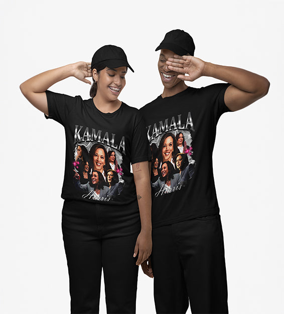 Black graphic T-shirt featuring layered portrait collage artwork and bold decorative lettering