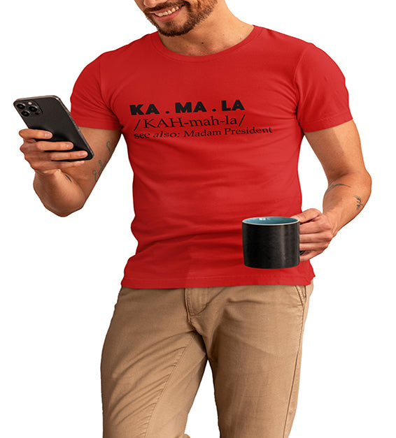 Red graphic T-shirt with black dictionary-inspired typography worn by male model