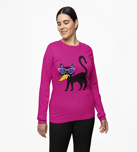 Magenta shirt featuring black cat graphic with oversized pink sunglasses