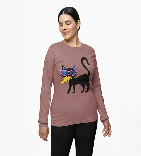 Mauve shirt featuring black cat graphic with oversized pink sunglasses