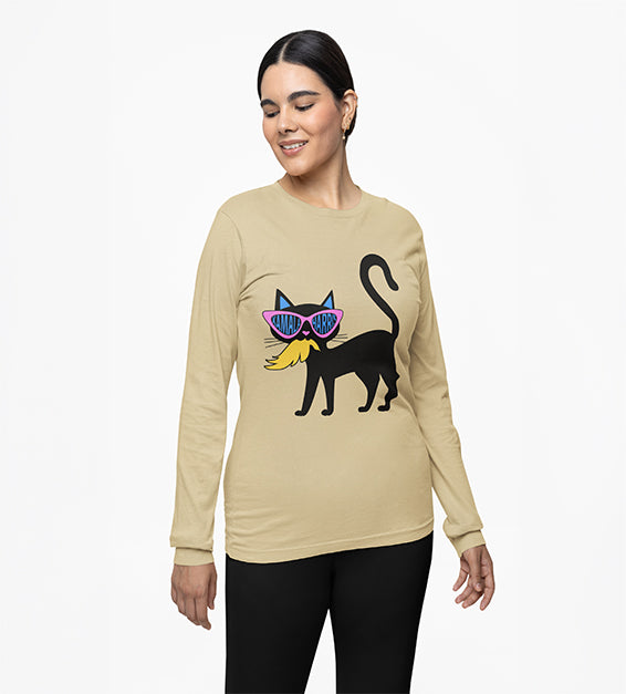 Soft Cream shirt featuring black cat graphic with oversized pink sunglasses