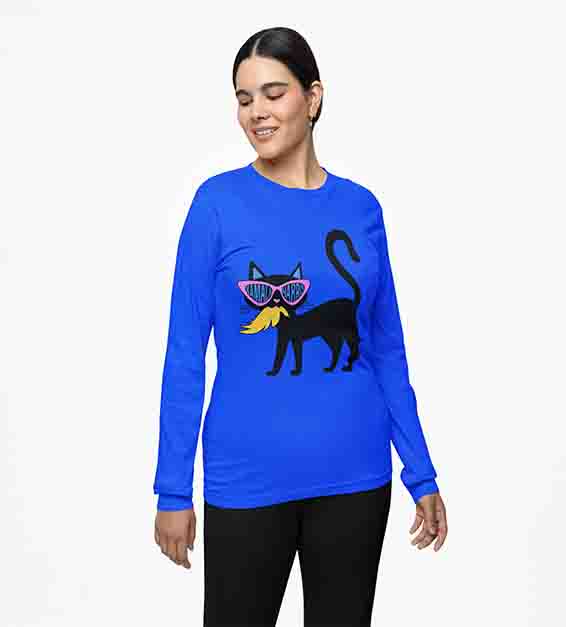 Royal blue shirt featuring black cat graphic with oversized pink sunglasses