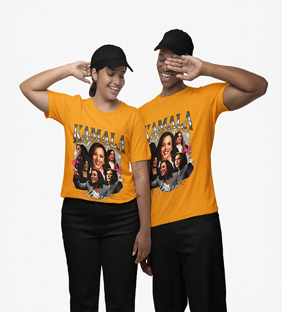 Gold graphic T-shirt featuring layered portrait collage artwork and bold decorative lettering
