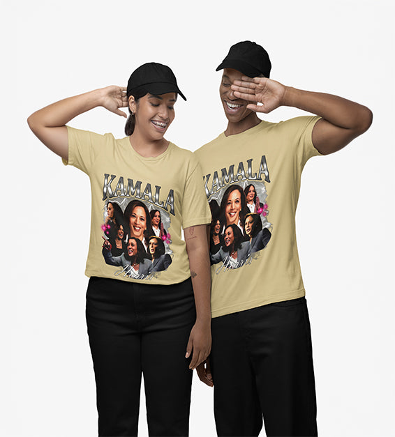 Natural graphic T-shirt featuring layered portrait collage artwork and bold decorative lettering