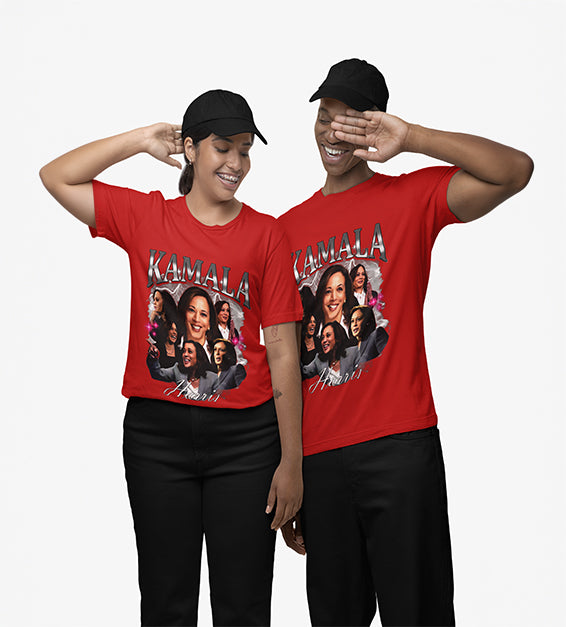 Red graphic T-shirt featuring layered portrait collage artwork and bold decorative lettering