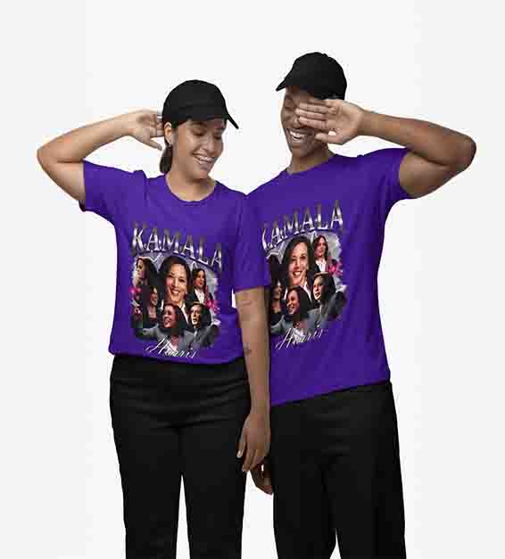 Purple graphic T-shirt featuring layered portrait collage artwork and bold decorative lettering