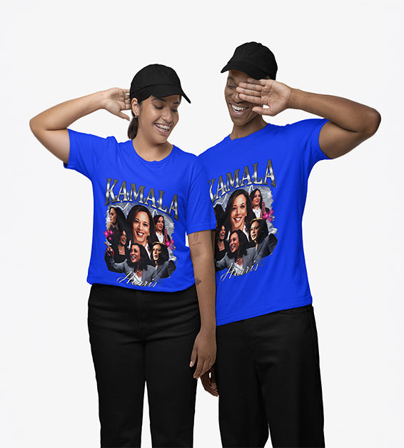 Blue  graphic T-shirt featuring layered portrait collage artwork and bold decorative lettering