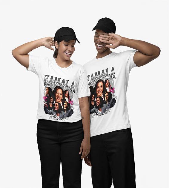 White graphic T-shirt featuring layered portrait collage artwork and bold decorative lettering
