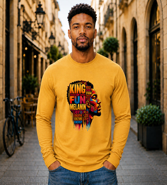 King of Fun Melanin long sleeve Bella + Canvas shirt featuring colorful Afrocentric male portrait artwork and inspirational typography on a royal blue shirt.
