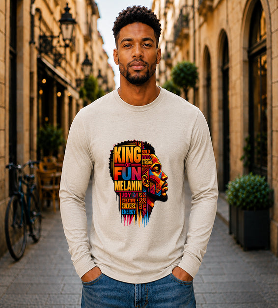 King of Fun Melanin long sleeve Bella + Canvas shirt featuring colorful Afrocentric male portrait artwork and inspirational typography on a sand dune shirt.