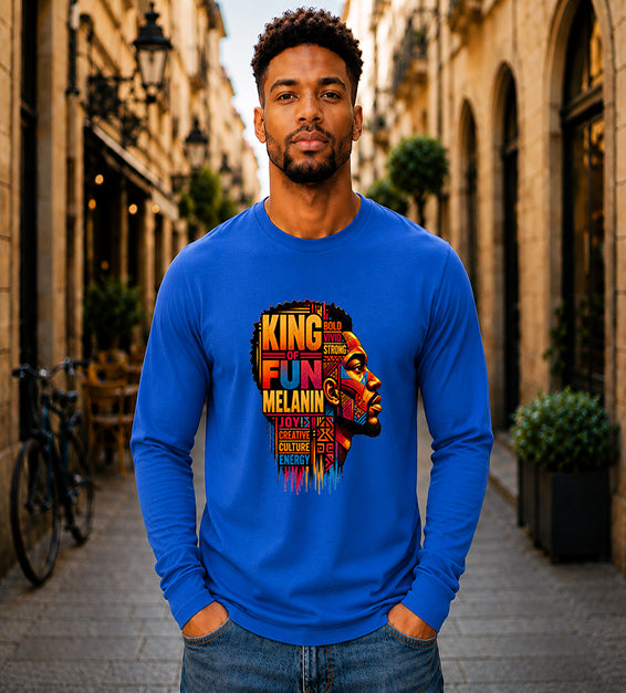 King of Fun Melanin long sleeve Bella + Canvas shirt featuring colorful Afrocentric male portrait artwork and inspirational typography on a royal blue shirt.