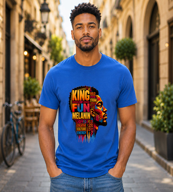 King of Fun Melanin short sleeve Bella + Canvas shirt featuring colorful Afrocentric male portrait artwork and inspirational typography on a royal blue shirt.