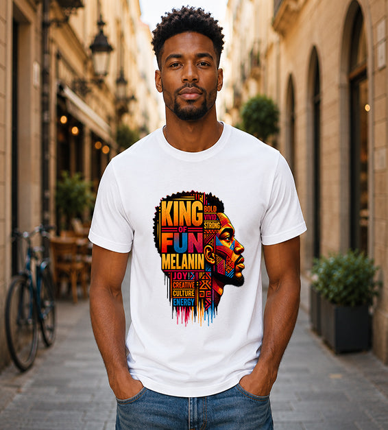 King of Fun Melanin short sleeve Bella + Canvas shirt featuring colorful Afrocentric male portrait artwork and inspirational typography on a white shirt.