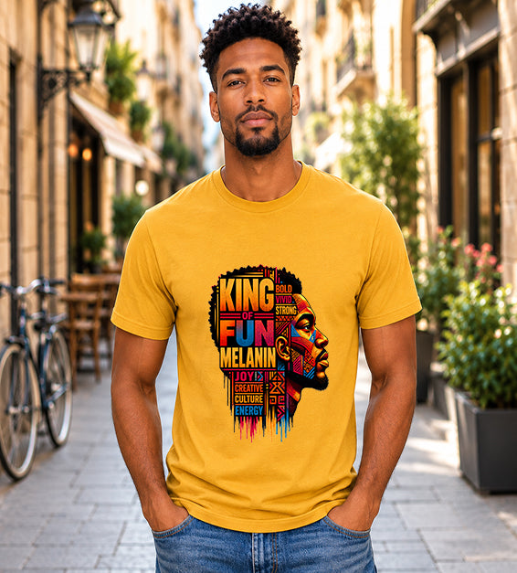 King of Fun Melanin short sleeve Bella + Canvas shirt featuring colorful Afrocentric male portrait artwork and inspirational typography on a mustard shirt.