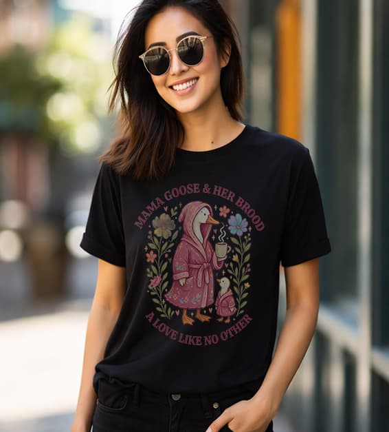 woman wearing a black t-shirt with mama goose and baby goose illustration and text mama goose and her brood a love like no other